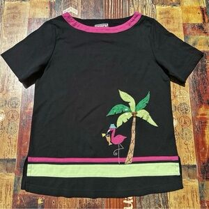 Vtg 90s Berek Short Sleeve Top Embroidered Appliqué Beads Sequins Palm Flamingo
